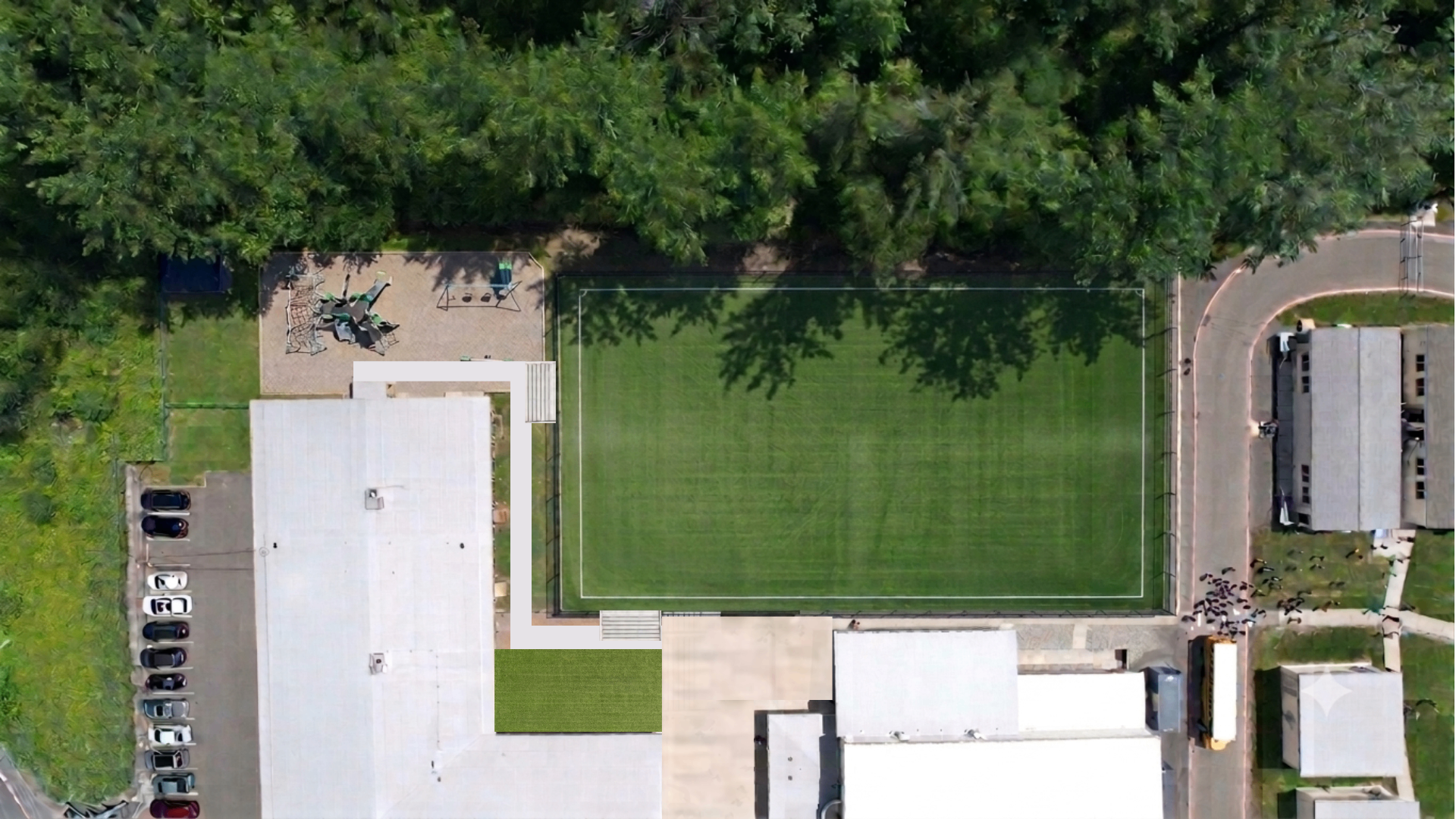 Aerial view of the new turf field at Sunset Campus